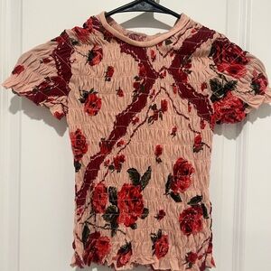 Urban Outfitters Floral Smocked Blouse - Pink and Red